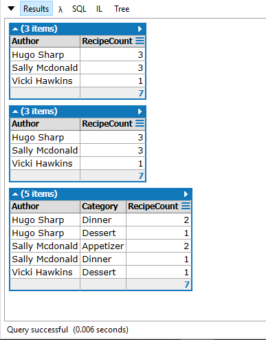 linqpad results from linq group by multiple columns