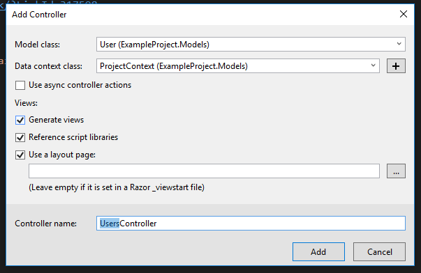 choosing options for the user controller in the ASP.NET project